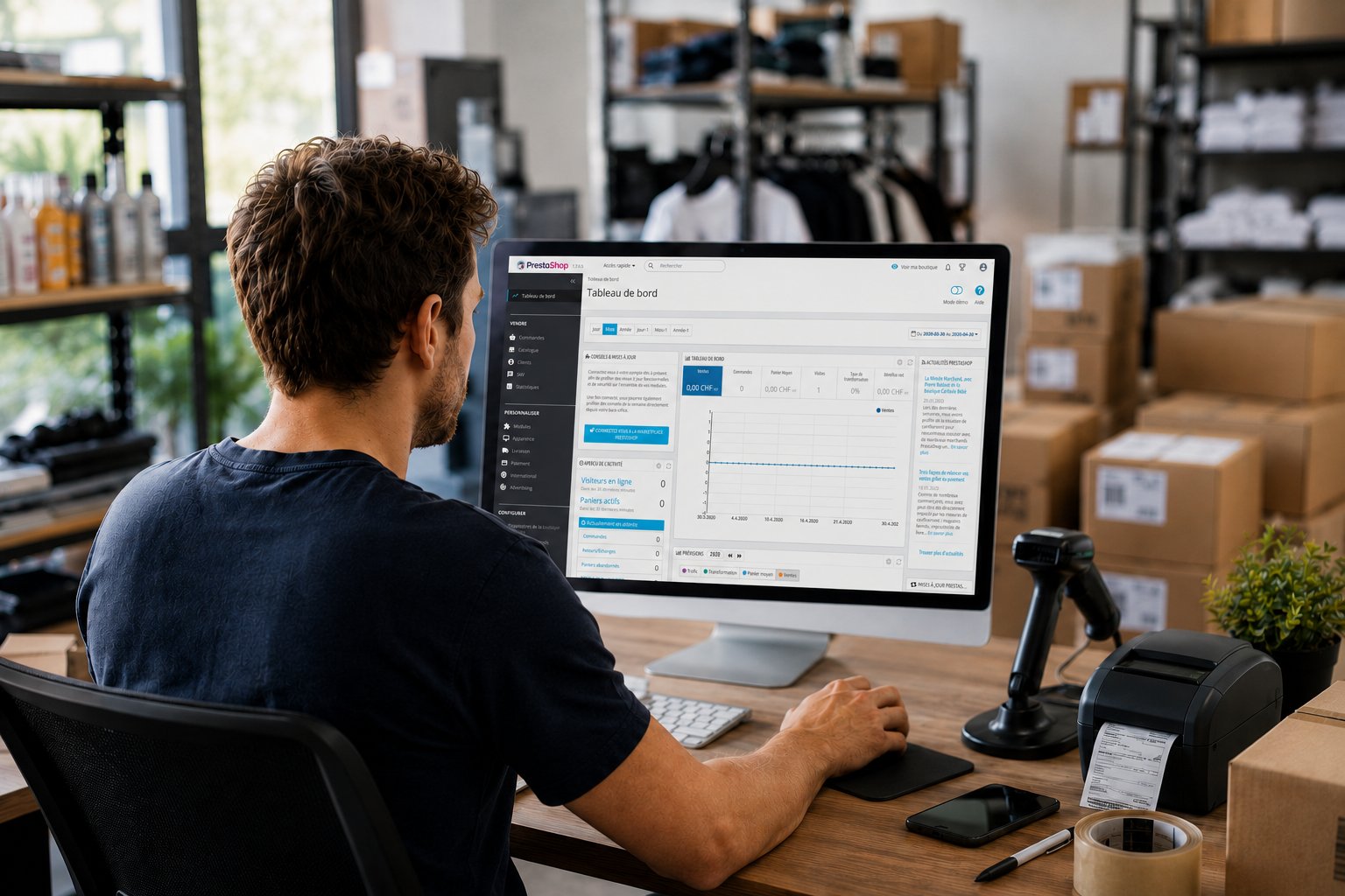 E-commerçant face au back-office PrestaShop