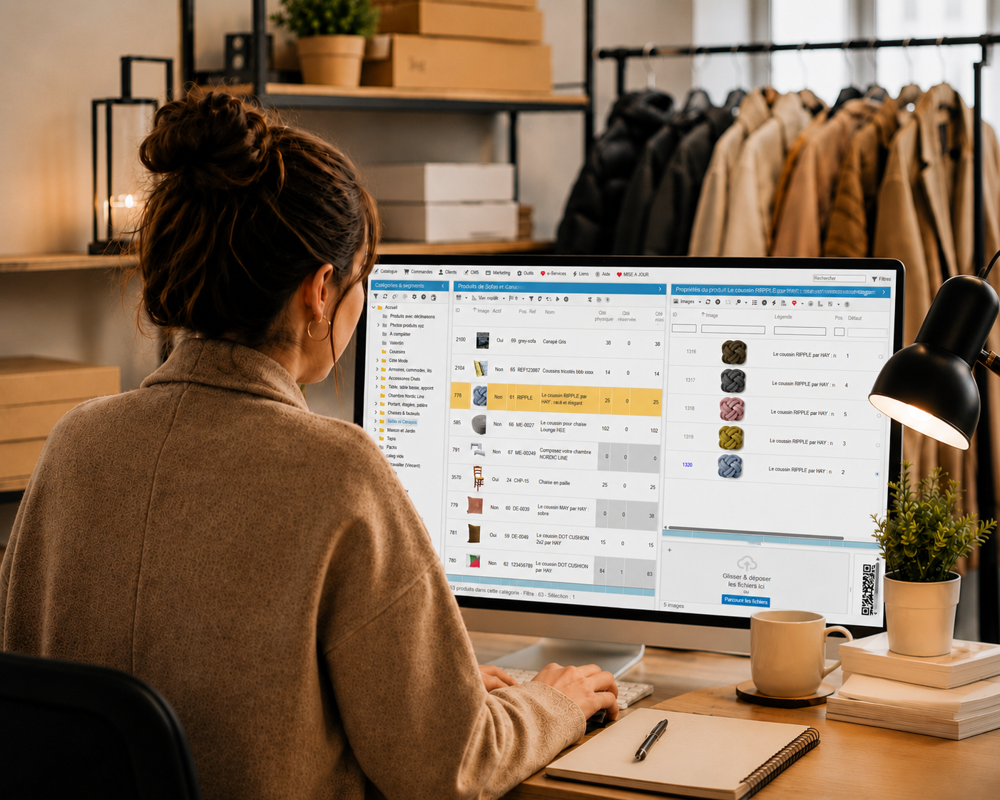 E-commerçant utilisant l'interface Store Commander pour gérer son catalogue PrestaShop